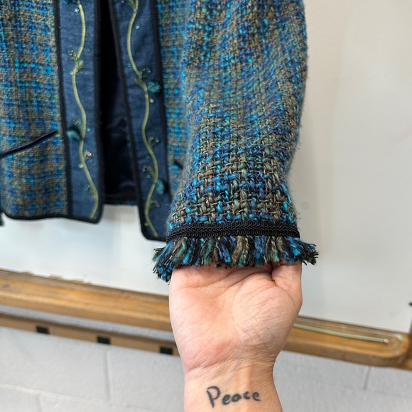 Vintage David Brooks Blue Green Tweed Fully Lined Cardigan Jacket Tassels Sz 8 - Picture 7 of 15